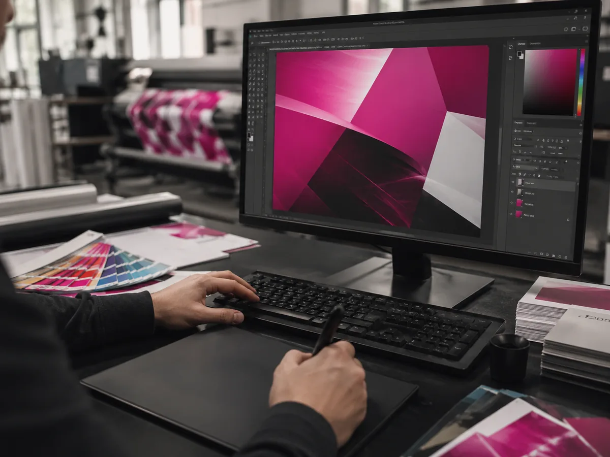 Grafikerin am Arbeitsplatz gestaltet ein Layout – Grafik und Design bei DruckPoint Wien
