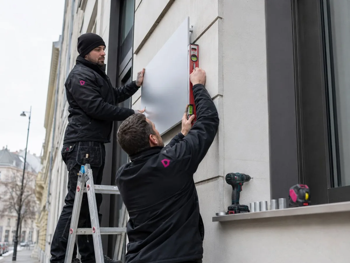 Monteure richten ein Firmenschild an der Fassade aus – Montage von DruckPoint Wien